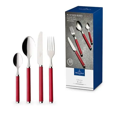 Produktbild: Villeroy & Boch – Play! Red Roses Tafelbesteck Set 30 teilig rot, Spülmaschinenfest, Besteck Bunte Griffe, Besteck Kunststoffgriffe, Besteck Set, Essbesteck, Messer, Gabel, Edelstahl, Kunststoff