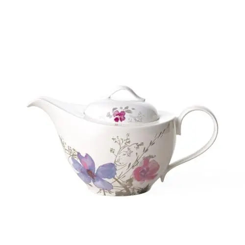 Produktbild: Villeroy und Boch Mariefleur Gris Basic Teekanne, stilvolle Kanne mit filigranem Blumendekor aus Premium Porzellan, spülmaschinenfest, 1.2 L