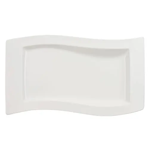 Produktbild: Villeroy und Boch NewWave Servierplatte, eckiger Servierteller, mit geschwungenen Linien, Premium Porzellan, spülmaschinengeeignet, weiß, 49 x 30 cm