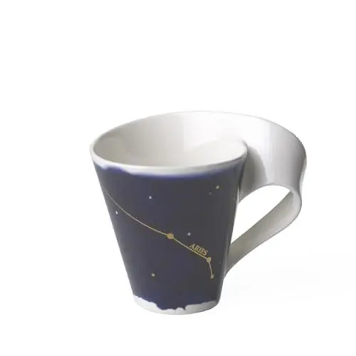 Produktbild: Villeroy und Boch - NewWave Stars Becher mit Henkel, formschöne Tasse mit Widder-Motiv, Premium Porzellan, spülmaschinengeeignet, weiß/blau, 300 ml