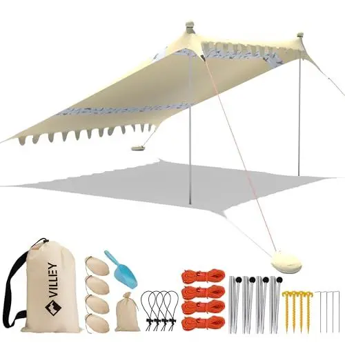 Produktbild: VILLEY Sonnenzelt 3m x 3,3m Lycra Strandzelt Khaki, UV Schutz UPF50+ Sonnenschutz Strand 6 Personen Zelt, Sonnenschirm Strand mit Sandsack und 4 Stützstäbe für Picknick, Angeln, Sonnenschutz