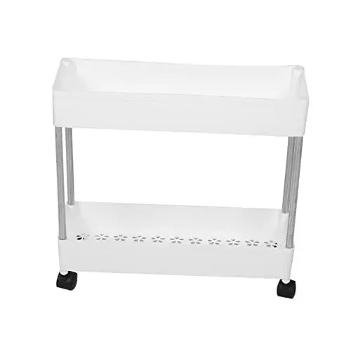 Produktbild: VILLFUL 1stk Bodenwagen Lagerregal Mit Rädern Rollregale Küchen-doppelschichtwagengestell Badkorbwagen Aufbewahrungswagen Schlafzimmer-Organizer-Wagen Rollwagengestell Plastik Weiß
