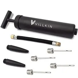 Produktbild: Villkin Ballpumpe mit Nadelfach – Inklusive 4X Metallnadeln, 2X Kunststoffnadeln, 1x Flexibler Schlauch – geeignet für schnelles aufpumpen von Fußball, Basketball, Handball, und co (Schwarz)