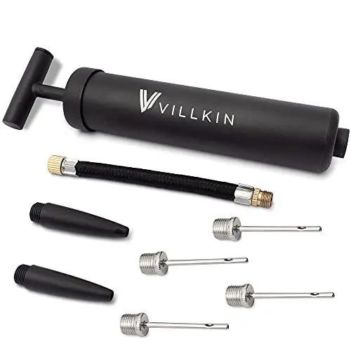 Produktbild: Villkin Ballpumpe mit Nadelfach – Inklusive 4X Metallnadeln, 2X Kunststoffnadeln, 1x Flexibler Schlauch – geeignet für schnelles aufpumpen von Fußball, Basketball, Handball, und co (Schwarz)
