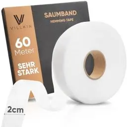 Produktbild: Villkin Saumband 60m Länge und 20mm Breite – Bügelband zum Aufbügeln auf Textilien wie Hosen Gardinen Vorhänge – Hochwertiges Saumfließ (Weiß, 20mm x 60m)