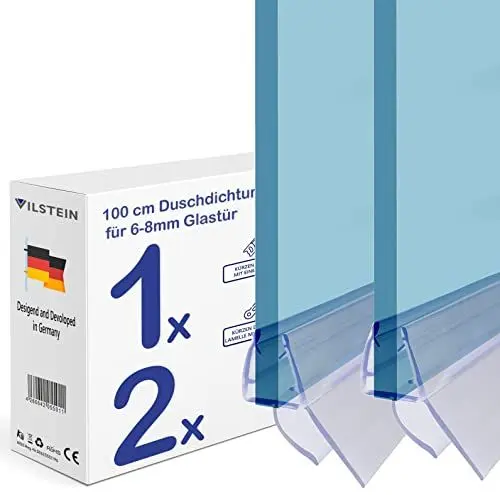 Produktbild: VILSTEIN Duschdichtung, Zuschneidbare Länge & Gummilippe, Premium Duschtürdichtung, Dichtung Dusche Glastür Duschtür, für 6mm bis 8mm Glasstärke, 2x 100cm