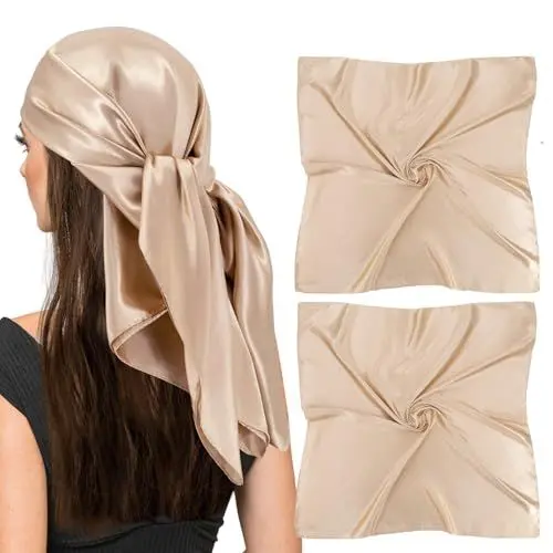 Produktbild: Vimate 35'' Seiden-Kopftuch - Sommer Quadratisches Bandana für Damen, Satin Haar- und Halsschal für die Nacht (2er Pack-Kamel)