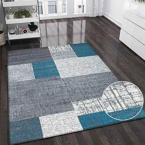 Produktbild: VIMODA Designer Kurzflor Teppich in Türkis, Grau und Weiß mit Kachel-Optik, Maße:80x150 cm