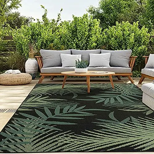 Produktbild: VIMODA In- und Outdoor Teppich Terrassen & Balkon Küche Teppich Palmen Design Schwarz, Maße:120x160 cm