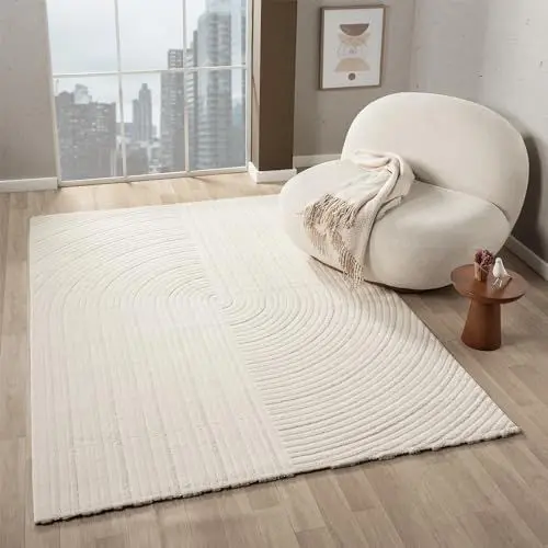 Produktbild: VIMODA Moderner Kurzflor Teppich Wohnzimmer Schlafzimmer Boho Optik Regenbogen Skandinavisch, Farbe:Creme, Maße:120x170 cm