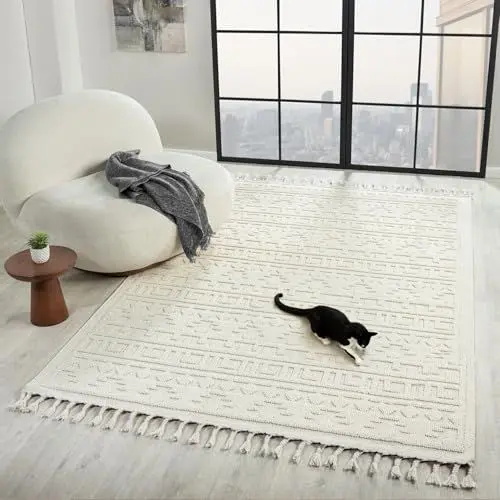 Produktbild: VIMODA Teppich Boho Skandi Wohnzimmer, Schlafzimmer, Balkon, Küche, Terrasse, Flur 3D Creme, Maße:120x170 cm
