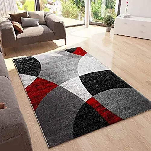 Produktbild: VIMODA Teppich Geometrische Kreismuster Meliert in Grau Weiß Schwarz und Rot, Maße:160x220 cm