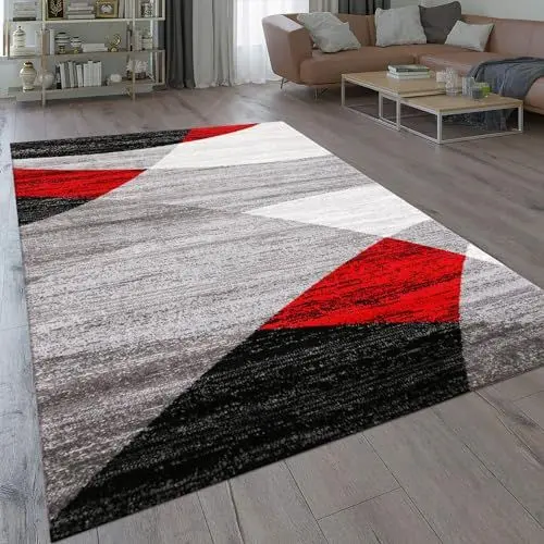 Produktbild: VIMODA Teppich Geometrisches Muster Meliert in Rot Grau Weiß Schwarz Kurzflor Wohnzimmer, Maße:60 x 110 cm