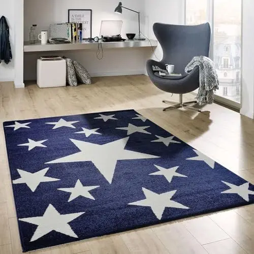 Produktbild: VIMODA Teppich Kurzflor Sterne Himmel Modern Blau Weiß Jugendzimmer für kinderzimmer, Wohnzimmer, Maße:120x170 cm