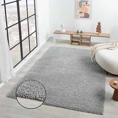 Produktbild: VIMODA Teppich Prime Shaggy Hochflor Einfarbig Grau Weich für Wohnzimmer, Schlafzimmer, küche, Maße:140x200 cm