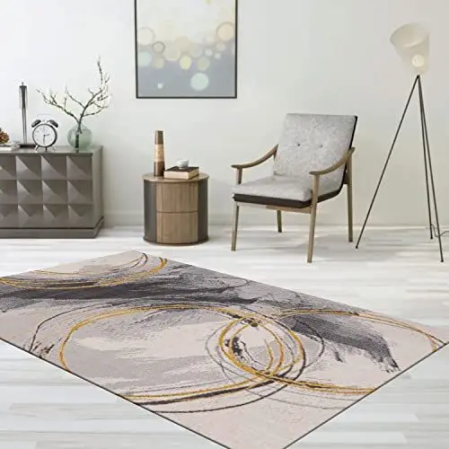 Produktbild: VIMODA Teppich Wohnzimmer Schlafzimmer Flur Teppich Kurzflor Kreisel Muster in Gelb Creme, Maße:200x280 cm