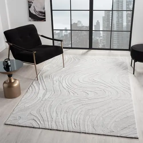 Produktbild: VIMODA Teppich Wohnzimmer Teppich Schlafzimmer 3D Effekt modern Weich kurzflor Wellenmuster Qualitativ, Farbe:Grau, Maße:160x230 cm
