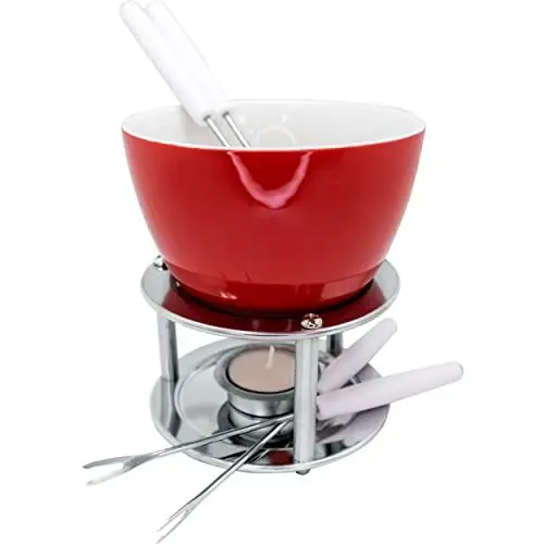 Produktbild: Vin Bouquet FIH 022 - Schokoladen-/Käsefondue aus Keramik, einschließlich Teelicht und vier Spieße, Edelstahlbasis, weiß und rot