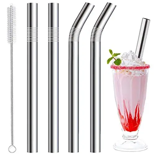 Produktbild: Vinaco 216MM & 266MM große Smoothie Strohhalme & Milchshake Strohhalme, 4er-Pack Lebensmittelqualität strohhalm edelstahl 10MM breite strohhalme für Smoothie, Milchshakes, dicke Getränke