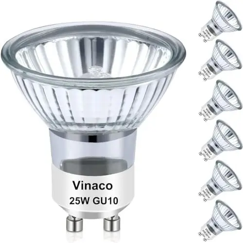 Produktbild: Vinaco GU10 Halogen Leuchtmittel, 6er-Pack Gluhbirn GU10 25W Lange Lebensdauer, GU10+C 230V 25W Dimmbar Warmweiß 2800K, Hoher Output Leuchtmittel GU10 Halogen 25W für Schienenlicht, Einbauleuchte