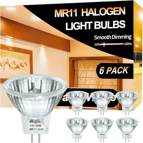 Produktbild: Vinaco GU4 20W, 6 Pack Hohe Leistung 250LM MR11 GU4 Halogen, Langlebig MR11 12V 20w Dimmbar mit Glasabdeckung, Halogen Warmweiß 2800K Fiber Optic Light Bulb, 12V 20 Watt
