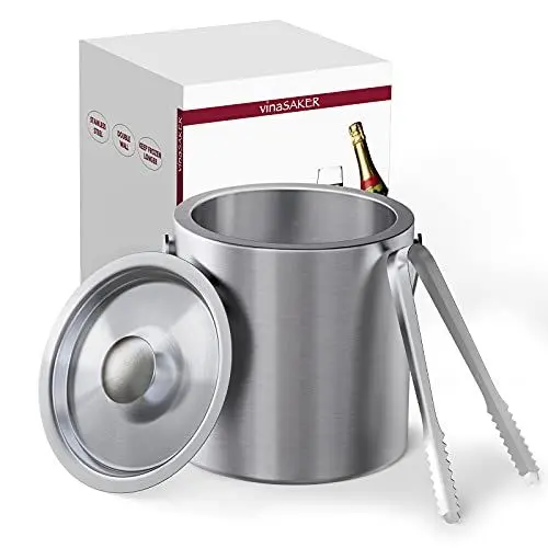 Produktbild: VinaSaker Eiswürfelbehälter aus Edelstahl, Weinkühler mit Zange und Deckel, Sektkühler, Eisbehälter, Eiskühler Doppelwand-Isolierung für besonders Lange Kühlung 1.3 L, Silber,