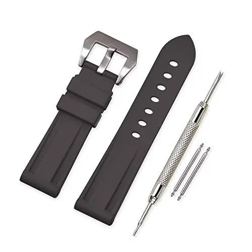 Produktbild: VINBAND Unisex Wasserfest Gummi Uhrenarmband Gebürstete Edelstahl Silber Schnalle kompatibel mit Panerai 24mm Schwarz