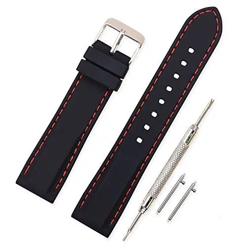 Produktbild: VINBAND Unisex Wasserfest Gummi Uhrenarmband mit Gebürstete Edelstahl Silber Schnalle 22mm Schwarz Rot