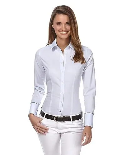 Produktbild: Vincenzo Boretti Damen Bluse leicht tailliert 100% Baumwolle bügelleicht Langarm Hemdbluse elegant festlich Kent-Kragen auch für Business und unter Pullover eisblau 38