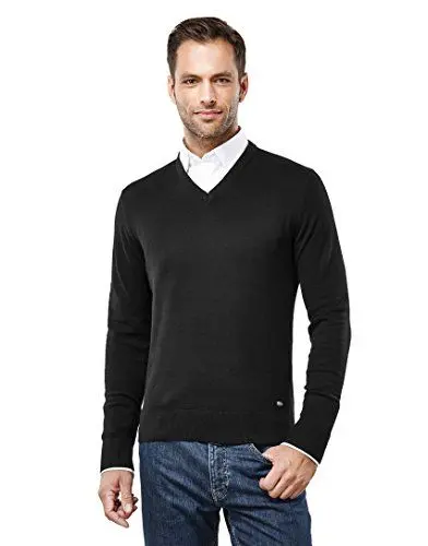 Produktbild: Vincenzo Boretti Herren-Pullover V-Ausschnitt Slim-fit tailliert Strick-Pullover V-Neck einfarbig Baumwolle-Mix edel elegant leicht Fein-Strick für Business oder Casual schwarz M