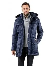 Produktbild: Vincenzo Boretti Herren Winter-Jacke dick warm gefüttert Parka kuschelig sportlich elegant Winter-Mantel slim-fit tailliert lang für Outdoor Business mit Steh-Kragen und Kapuze dunkelblau S