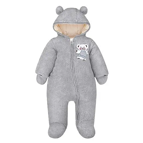 Produktbild: Vine Baby Schneeanzüge Winter Overall mit Kapuze Fleece Strampler Footed Spielanzug Mädchen Jungen Jumpsuit, Grau, 9-12 Monate