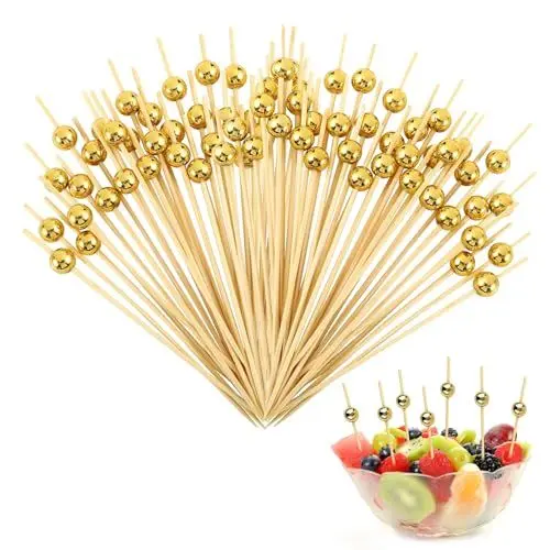 Produktbild: VINEST 200 Stück Cocktailspieße, Einweg Spieße Fingerfood, Zahnstocher aus Bambus mit Runden Perlen, Spiesse für Snacks Fingerfood, Cocktail Spieße für Früchte Snacks Vorspeisen Cocktail Deko (Gold)