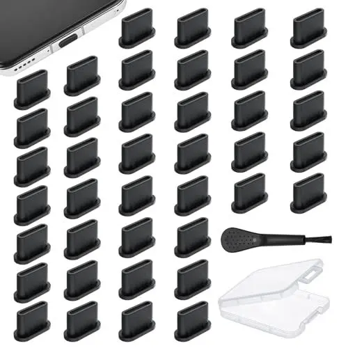 Produktbild: VINEST 40 Stück USB C Staubschutz mit Reinigungsbürste, Phone USB C Schutzkappe, Silikon Staubschutz USB C mit Aufbewahrungsbox, Handy Zubehör für iPhone 15 Pro und Ladebuchse Schutz