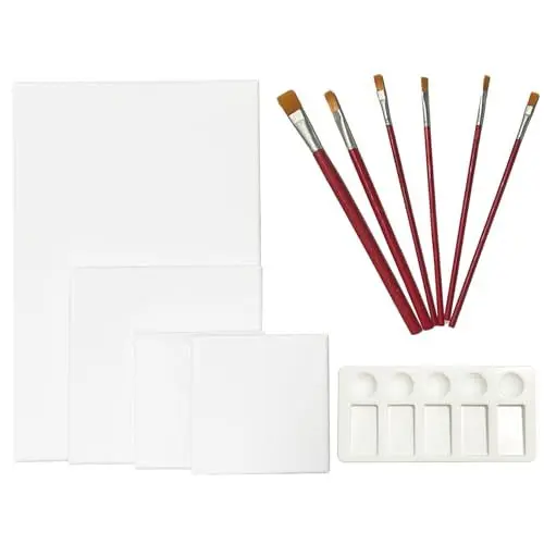 Produktbild: VINEST 4 Stück Leinwand Zum Bemalen, 20x30cm, 15x15cm, 10x10cm Weiß Leinwände Keilrahmen, Baumwolle DIY Canvas, Strukturpaste Leinwand Set mit 6 Bürsten ＆ 1 Tablett, für Acryl Gouache Öle