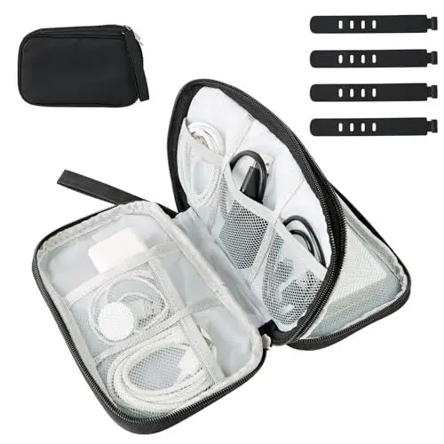 Produktbild: VINEST Kabeltasche Organizer, Tragbare Kabel Organizer Tasche, Doppelschicht Kabel Organizer Reise, Wasserdicht Schwarz Tech Pouch, Cable Organizer Bag mit 4 Drahtbinder, für USB-Ladekabel