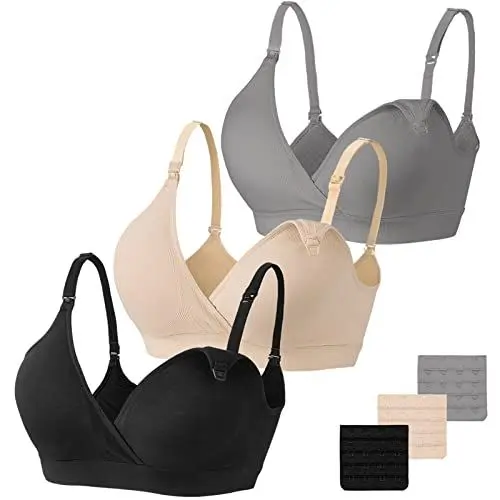 Produktbild: Vinfact Still BH Damen Ohne Bügel 3Pcs Nahtloser Schwangerschafts-BHS V-Ausschnitt Stillbh Nursing Bra mit zusätzlichen Verlängerungen Stillen und Schlaf - XXL-Schwarz/Haut/Grau
