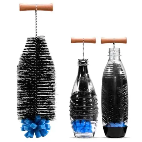 Produktbild: vinlley Die 35 cm Bürste mit Ergonomischem Griff, Schwarzen Borsten & Blauem Schwamm – ideal für Sodastream-Glas- und Duo-Kunststoffflaschen. Reinigt Kraftvoll, ohne Beschädigungen.
