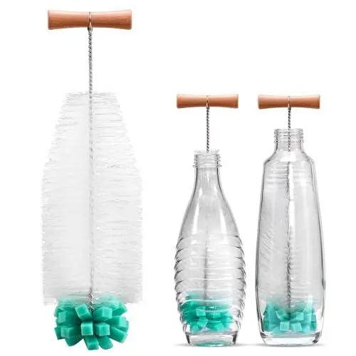 Produktbild: vinlley Die 35 cm Bürste mit Ergonomischem Griff, Weißen Borsten & Grünem Schwamm – ideal für Sodastream-Glas- und Duo-Kunststoffflaschen. Reinigt kraftvoll, ohne Beschädigungen.