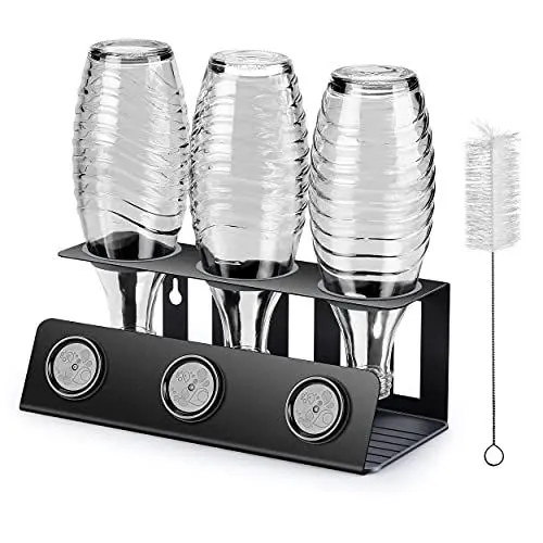 Produktbild: vinlley Flaschenhalter für Sodastream 3er Abtropfhalter mit Herausnehmbare Abtropfwanne und Deckelhalter, Abtropfständer für Sodastream, Crystal und Emil Flaschen, Schwarz