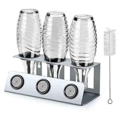 Produktbild: vinlley Flaschenhalter für Sodastream 3er Abtropfhalter mit Herausnehmbare Abtropfwanne und Deckelhalter, Abtropfständer für Sodastream Crystal und Emil Flaschen, Silber
