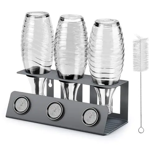 Produktbild: vinlley Flaschenhalter für Sodastream 3er Abtropfhalter mit Herausnehmbare Abtropfwanne und Deckelhalter, Abtropfständer für Sodastream Crystal und Emil Flaschen, Grau