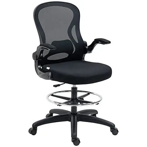 Produktbild: Vinsetto Bürostuhl, Ergonomischer Zeichenstuhl mit verstellbarem Fußring, Drehstuhl, 102-122 cm Höhenverstellbarer Arbeitsstuhl mit Rollen und Lendenwirbelstütze, Schwarz