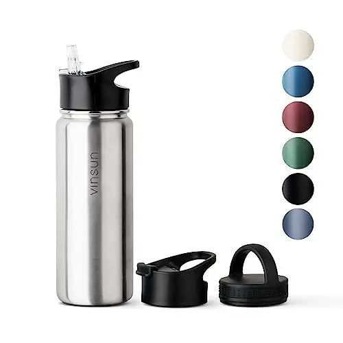 Produktbild: Vinsun Edelstahl Trinkflasche 500ml - auslaufsicher, Kohlensäure geeignet, BPA frei - 3 Deckel - Thermosflasche Sport, Outdoor, Schule, Uni, Fahrrad, Büro, Gym
