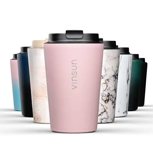 Produktbild: Vinsun Isolierbecher für kalte und warme Getränke 350ml - Trinkbecher Edelstahl Rosa - Eiskaffee/Kaffee/Tee - doppelwandig, auslaufsicher - Thermobecher to go (Auto, Reisen, Büro)