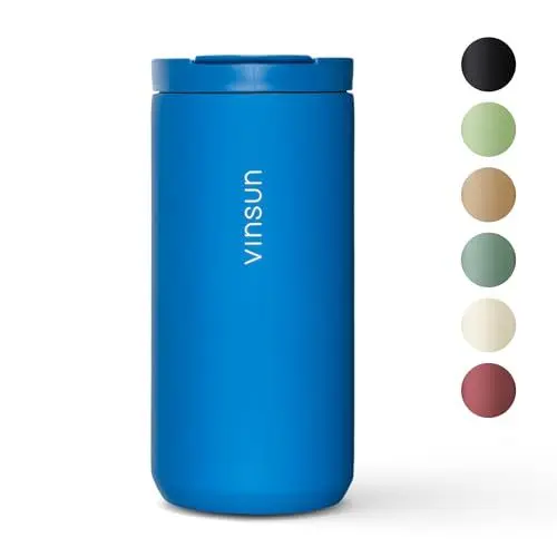 Produktbild: Vinsun Thermobecher Kaffee to go 380ml - Edelstahl, auslaufsicher, doppelwandig isoliert - Heiß & Kaltgetränke - blauer Kaffeebecher mit Deckel für Reisen, Auto, Büro