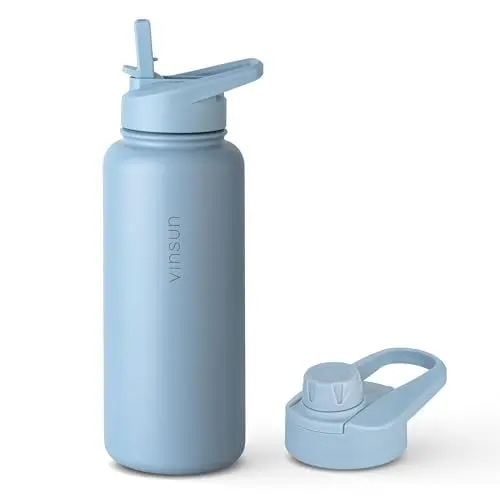 Produktbild: VINSUN Thermosflasche blau 1L - Strohhalm, Trinköffnung - auslaufsicher, Kohlensäure geeignet, BPA frei - isolierte Trinkflasche Edelstahl für Sport, Schule, Fahrrad, Büro, Camping