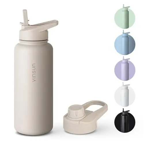 Produktbild: VINSUN Trinkflasche Edelstahl beige 1L - auslaufsicher, Kohlensäure geeignet, BPA frei - Strohhalm, Trinköffnung - Thermosflasche Sport, Outdoor, Schule, Uni, Fahrrad, Büro, Camping