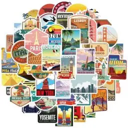 Produktbild: Vintage Sticker Set 50 Stück Reisen Aufkleber, Retro Vinyl Aufkleber, Wasserfeste Aufkleber Sticker für Laptop Koffer Helm Motorrad Skateboard Auto Fahrrad Computer Aesthetic Städte Sticker
