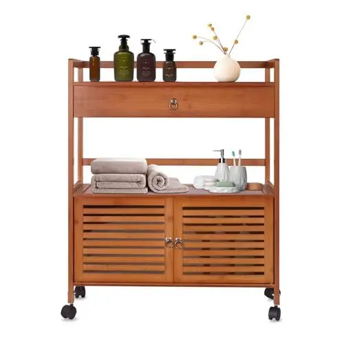 Produktbild: Vinteky Badezimmerschrank Bambus, Badschrank mit 2 Lamellentüren, Schrank multifunktional für Badezimmer, Wohnzimmer, Küche, mit Rädern (68 x 29 x 85 cm)